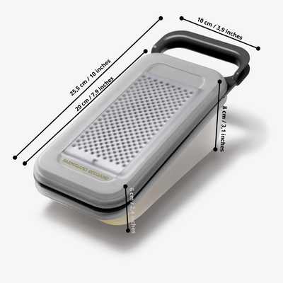 Râpe à Parmigiano Reggiano en acier inoxydable avec récipient et couvercle