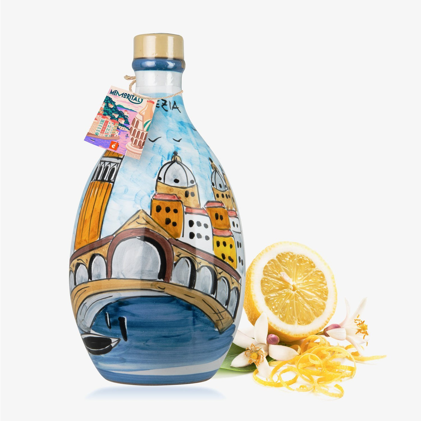 Limoncello en pot fait main Venezia et deux verres : coffret cadeau artisanal Limoncello