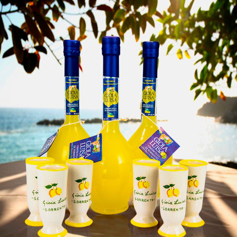 Limoncello of Sorrento Gioia Luisa Gift Pack (n°3 Bottles, n° 6 handmade terracotta glasses)