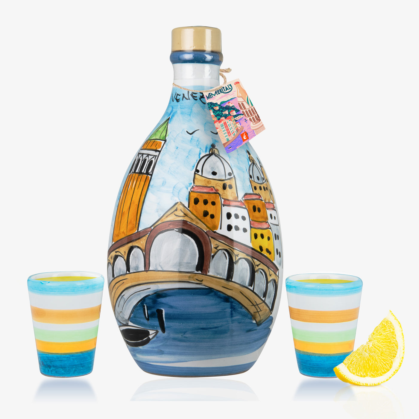 Limoncello en pot fait main Venezia et deux verres : coffret cadeau artisanal Limoncello