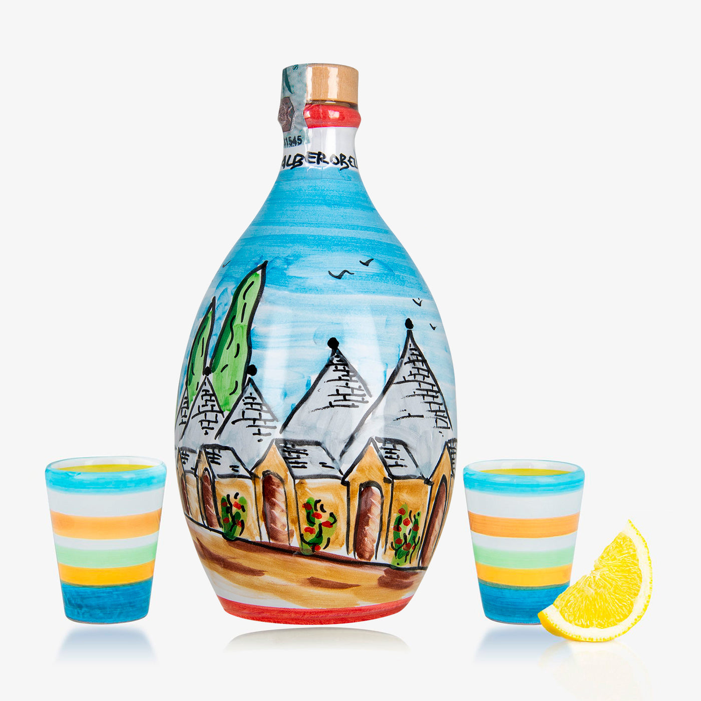 'Alberobello' - Dolceterra Handmade Jar Limoncello and two Glasses