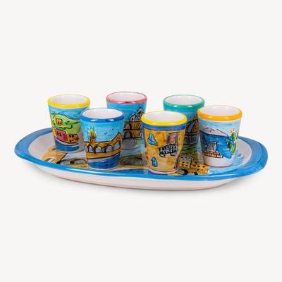 MEMORITALY HANDMADE PAINTED TRAY FIRENZE AND GLASSES CITY SET (6 PCS OF GLASS)