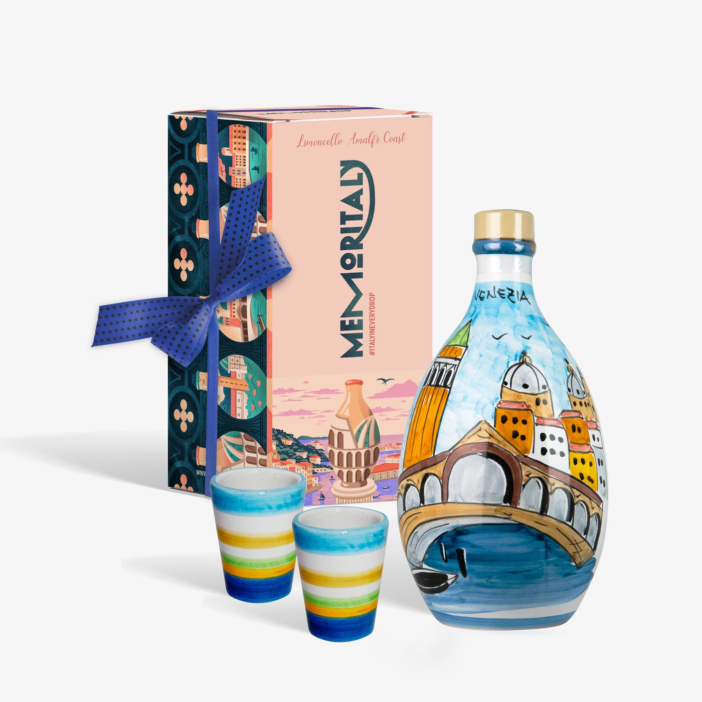 Limoncello en pot fait main Venezia et deux verres : coffret cadeau artisanal Limoncello